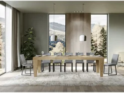 Mesa de comedor extensible de madera Kristo patas en V-Color Blanco-Base y soporte con ruedas-5 alargaderas finas-Ancho extensible