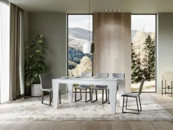 Mesa de comedor extensible de madera Kristo patas en V-Color Blanco-Base y soporte con ruedas-5 alargaderas finas-Ancho extensible