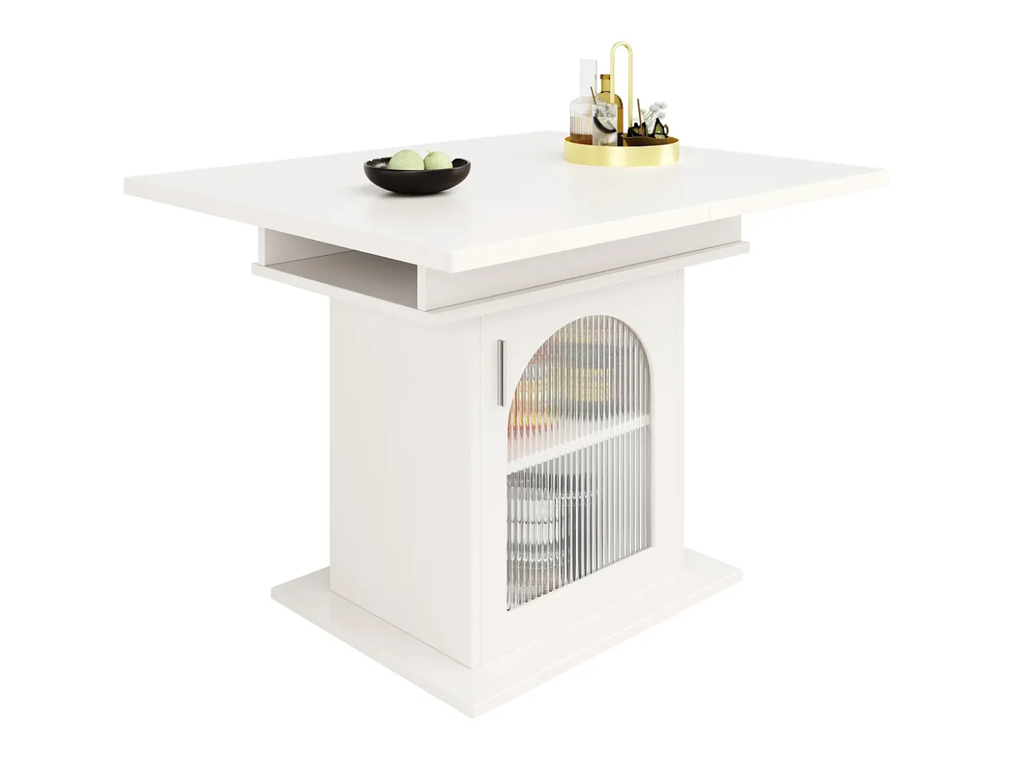 Mesa de comedor extensible - tres estantes de almacenamiento integrados de altura regulable - 110/140×80×76 cm - blanco