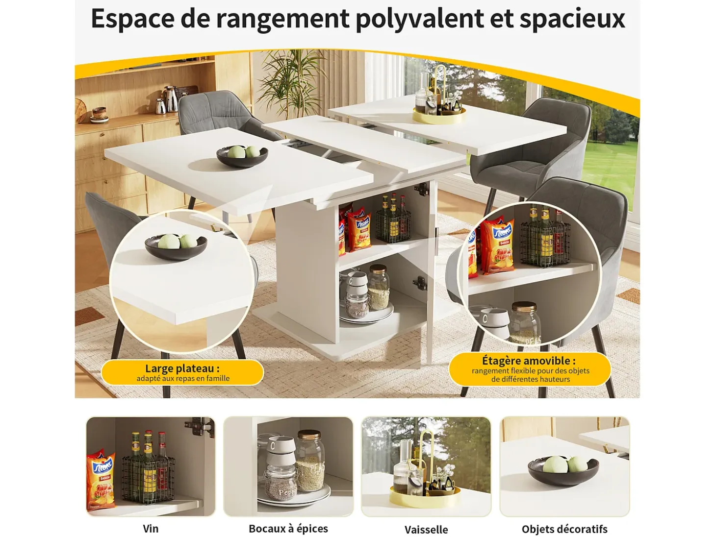 Mesa de comedor extensible - tres estantes de almacenamiento integrados de altura regulable - 110/140×80×76 cm - blanco