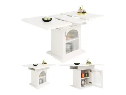 Mesa de comedor extensible - tres estantes de almacenamiento integrados de altura regulable - 110/140×80×76 cm - blanco