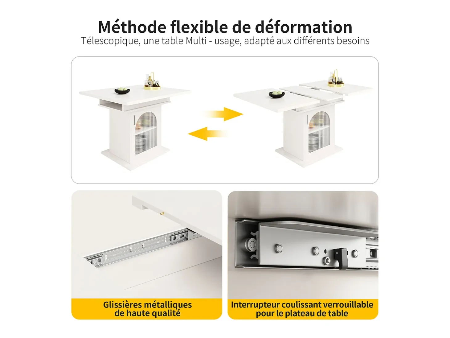 Mesa de comedor extensible - tres estantes de almacenamiento integrados de altura regulable - 110/140×80×76 cm - blanco