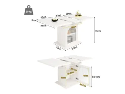 Mesa de comedor extensible - tres estantes de almacenamiento integrados de altura regulable - 110/140×80×76 cm - blanco
