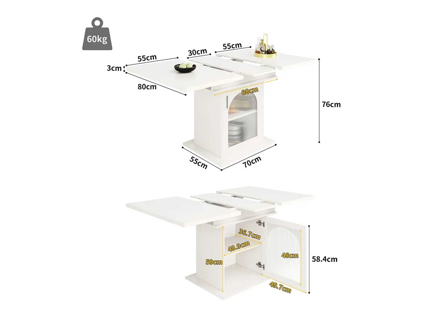 Mesa de comedor extensible - tres estantes de almacenamiento integrados de altura regulable - 110/140×80×76 cm - blanco