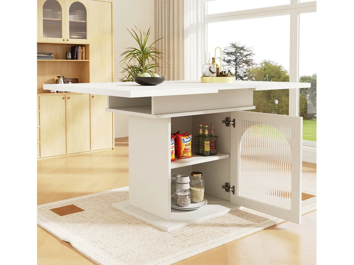 Mesa de comedor extensible - tres estantes de almacenamiento integrados de altura regulable - 110/140×80×76 cm - blanco