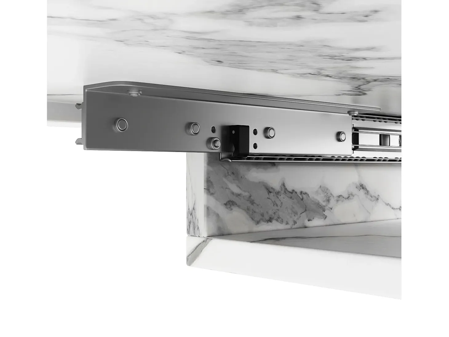 Mesa de comedor extensible con tablero de MDF chapado en mármol y patas de hierro negro