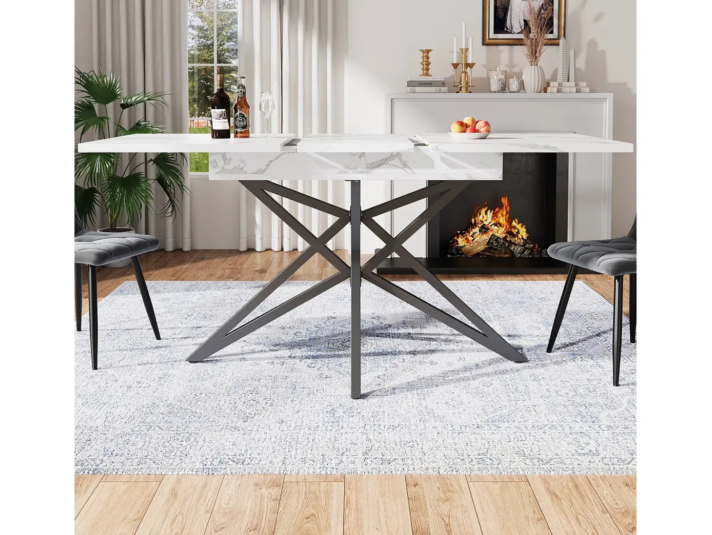 Mesa de comedor extensible con tablero de MDF chapado en mármol y patas de hierro negro