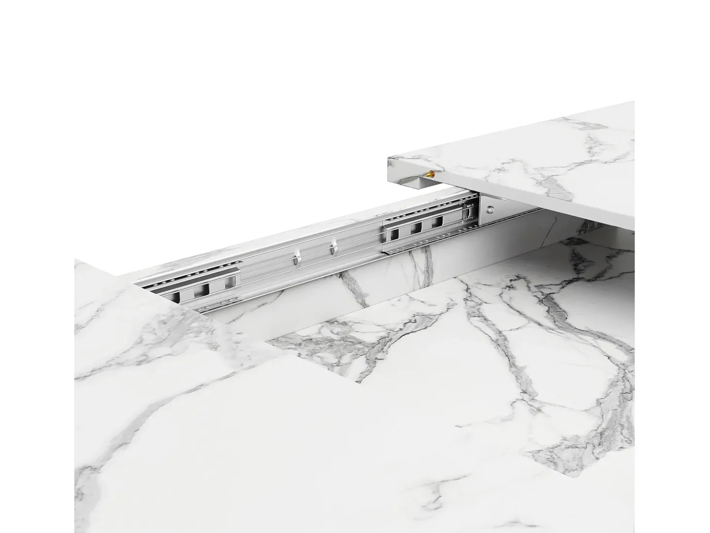 Mesa de comedor extensible con tablero de MDF chapado en mármol y patas de hierro negro