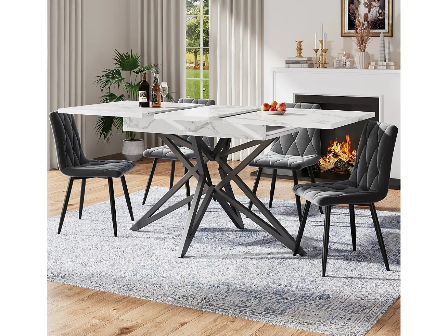 Mesa de comedor extensible con tablero de MDF chapado en mármol y patas de hierro negro