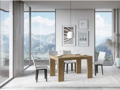 Mesa de comedor extensible de madera Ribo-Color Natural-Base y soporte con ruedas-Alargaderas -Ancho extensible