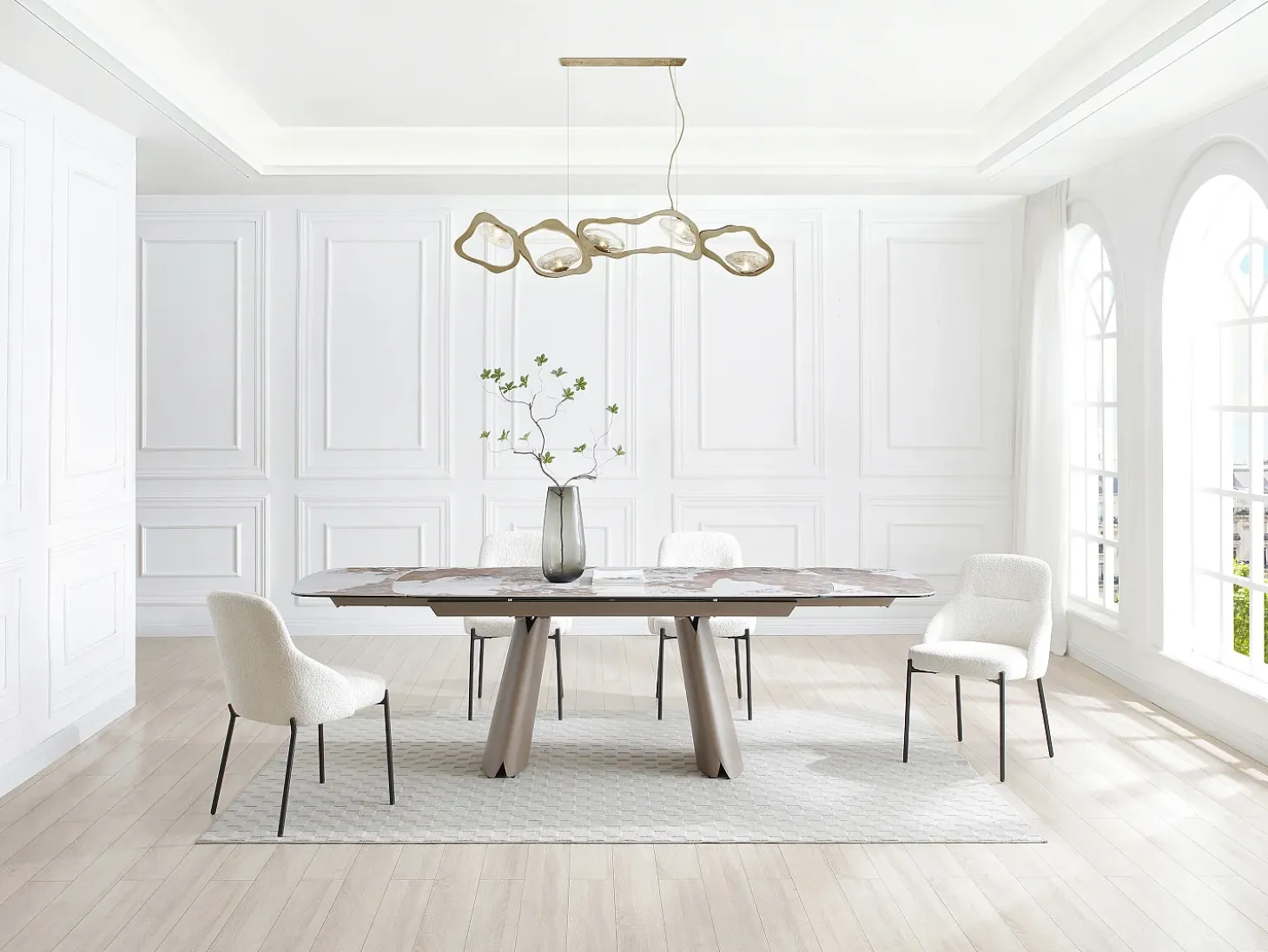 Mesa de comedor extensible para 6 a 10 personas en cerámica, cristal templado y metal bronce - Efecto mármol blanco y gris - FARUDI de Maison Céphy