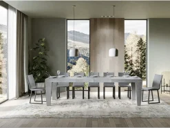 Mesa de comedor extensible de madera Kristo patas en V-Color Gris cemento-Soporte 4 pies-Alargaderas -Ancho extensible