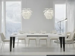 Mesa de comedor extensible Flavio-Color Blanco-Soporte 2 pies-Alargaderas -Ancho extensible