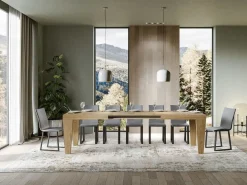 Mesa de comedor extensible de madera Kristo patas en V-Color Natural-Base y soporte con ruedas-5 alargaderas finas-Ancho extensible