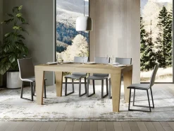 Mesa de comedor extensible de madera Kristo patas en V-Color Natural-Base y soporte con ruedas-5 alargaderas finas-Ancho extensible
