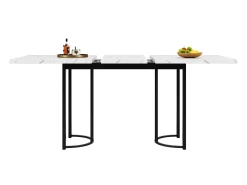 Mesa de comedor extensible (140-179,5x80cm), diseño moderno con patas metálicas cruzadas, MDF, blanco/negro