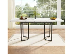 Mesa de comedor extensible (140-179,5x80cm), diseño moderno con patas metálicas cruzadas, MDF, blanco/negro