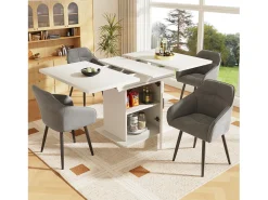 Mesa de comedor extensible blanca - Mesa de comedor con tres compartimentos de almacenamiento y puertas de cristal - almacenamiento abierto