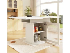 Mesa de comedor extensible blanca - Mesa de comedor con tres compartimentos de almacenamiento y puertas de cristal - almacenamiento abierto