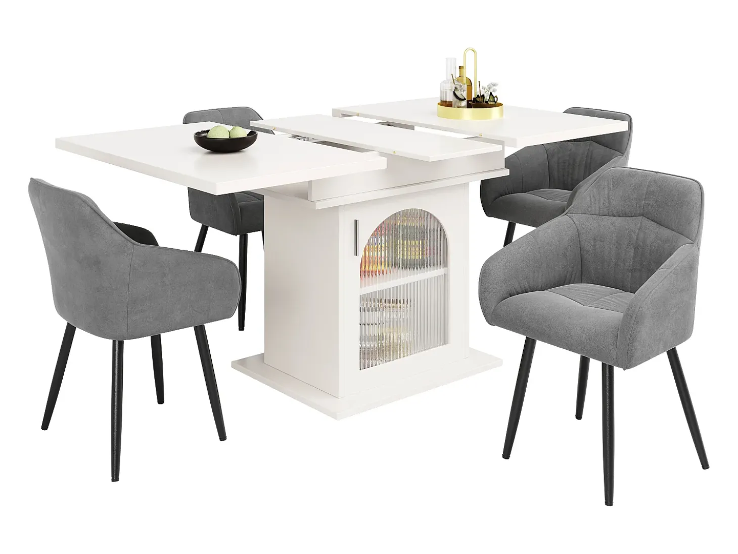 Mesa de comedor extensible blanca - Mesa de comedor con tres compartimentos de almacenamiento y puertas de cristal - almacenamiento abierto