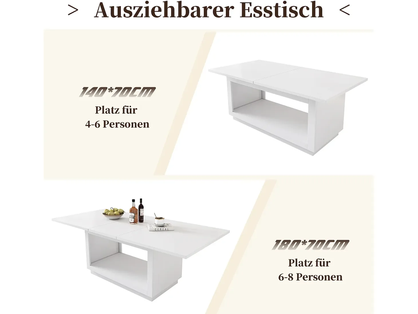 Mesa de comedor extensible, cuadrada, mesa de centro, blanca, MDF, (140/180x70x76,5 cm)