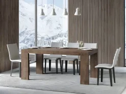 Mesa de comedor extensible de madera Ribo-Color Marrón-Soporte 4 pies-5 alargaderas finas-Ancho extensible