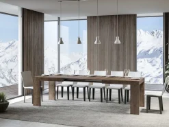 Mesa de comedor extensible de madera Ribo-Color Marrón-Soporte 4 pies-5 alargaderas finas-Ancho extensible