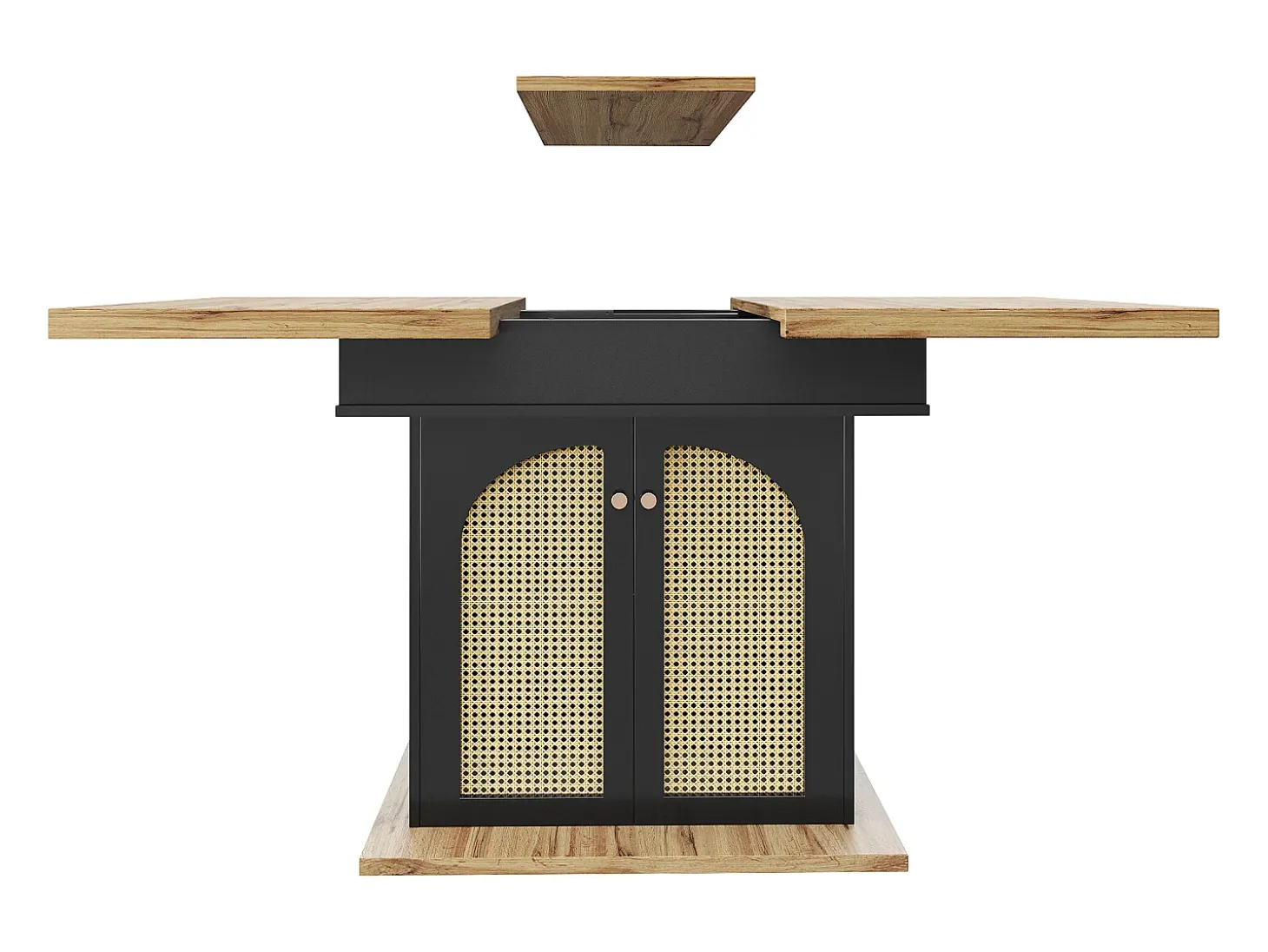 Mesa de comedor extensible para 4 a 6 personas, 110-140 x 80 cm - Con 2 puertas de ratán - Negro y natural claro