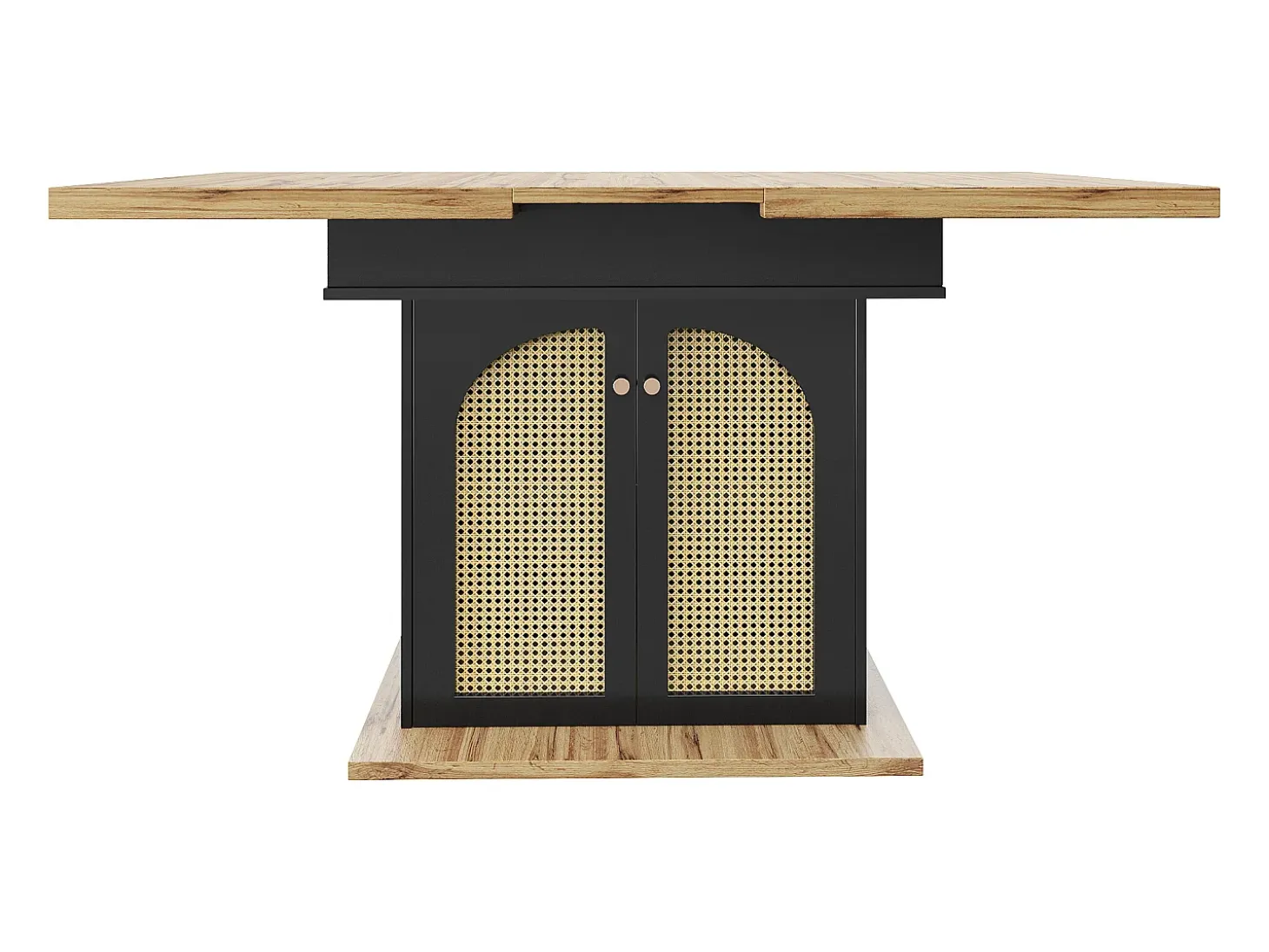 Mesa de comedor extensible para 4 a 6 personas, 110-140 x 80 cm - Con 2 puertas de ratán - Negro y natural claro