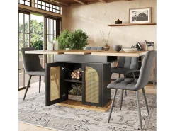Mesa de comedor extensible para 4 a 6 personas, 110-140 x 80 cm - Con 2 puertas de ratán - Negro y natural claro