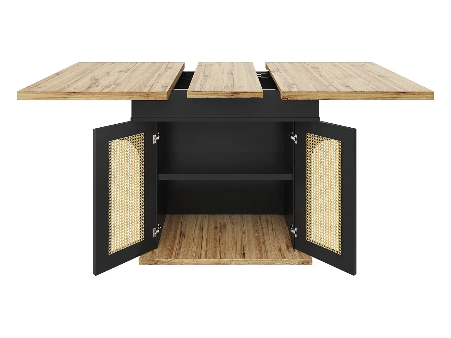 Mesa de comedor extensible para 4 a 6 personas, 110-140 x 80 cm - Con 2 puertas de ratán - Negro y natural claro