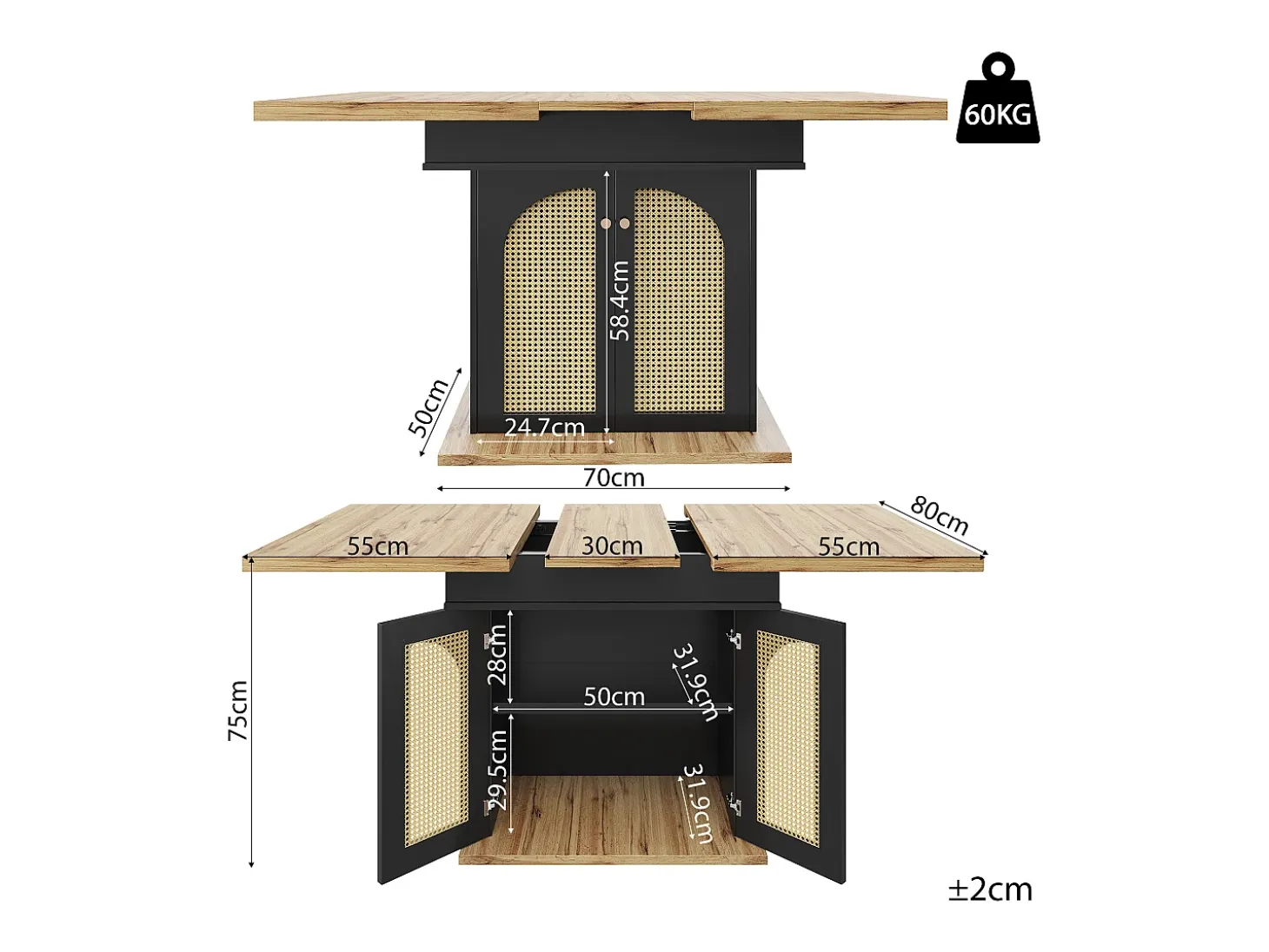 Mesa de comedor extensible para 4 a 6 personas, 110-140 x 80 cm - Con 2 puertas de ratán - Negro y natural claro