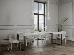 Mesa de comedor extensible tiroz-Color Blanco-Soporte 4 pies-5 alargaderas finas-Ancho extensible