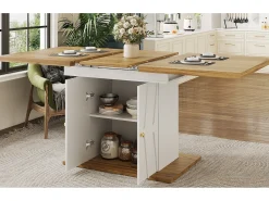 Mesa de comedor extensible con estampado en relieve - 110 (140) x 70 x 76 cm - con 2 puertas - MDF - blanco + natural