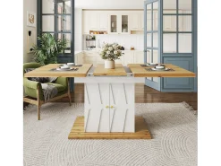 Mesa de comedor extensible con estampado en relieve - 110 (140) x 70 x 76 cm - con 2 puertas - MDF - blanco + natural