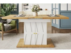 Mesa de comedor extensible con estampado en relieve - 110 (140) x 70 x 76 cm - con 2 puertas - MDF - blanco + natural