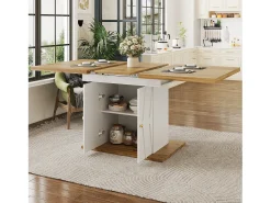 Mesa de comedor extensible con estampado en relieve - 110 (140) x 70 x 76 cm - con 2 puertas - MDF - blanco + natural
