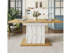 Mesa de comedor extensible con estampado en relieve - 110 (140) x 70 x 76 cm - con 2 puertas - MDF - blanco + natural