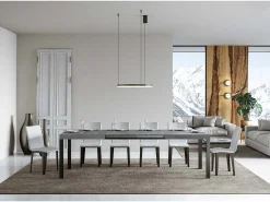 Mesa de comedor extensible Karry-Color Gris cemento-Base y soporte con ruedas-Ancho extensible