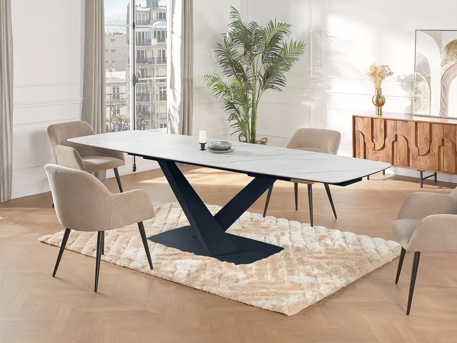 Mesa de comedor extensible de cerámica y metal - Efecto mármol blanco y negro - MALATA