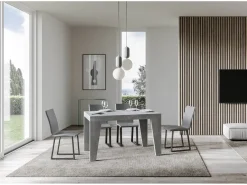 Mesa de comedor extensible de madera Naxo.-Color Gris cemento-Base y soporte con ruedas-Alargaderas -Ancho extensible