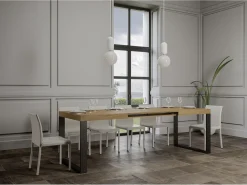 Mesa de comedor extensible tiroz-Color Natural-Base y soporte con ruedas-Alargaderas -Ancho extensible