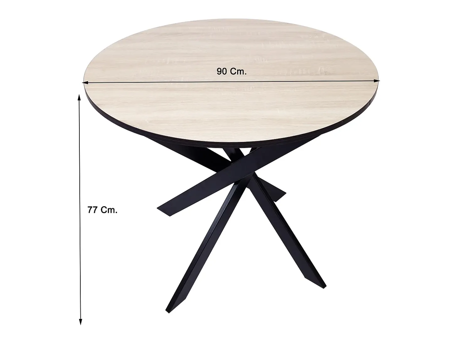 Mesa de comedor fija redonda ZEN, 90x90x77cm, Capacidad hasta 4 personas, Color roble y negro, Patas metálicas negro lacado mate