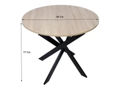 Mesa de comedor fija redonda ZEN, 90x90x77cm, Capacidad hasta 4 personas, Color roble, Patas metálicas negro lacado mate