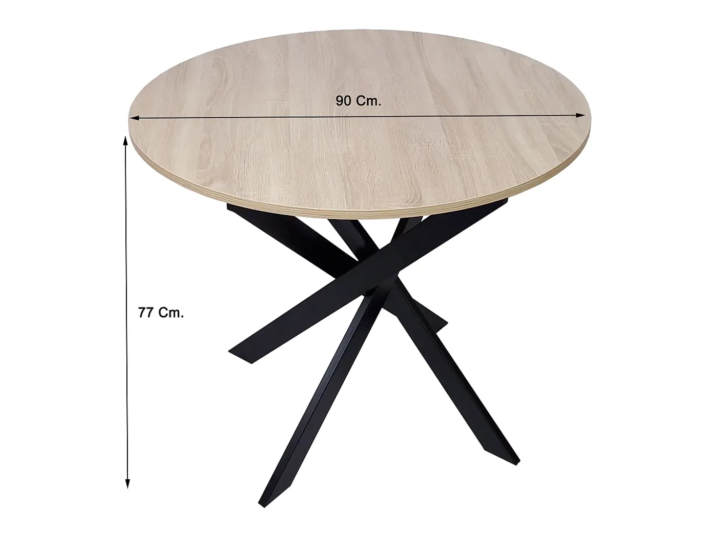Mesa de comedor fija redonda ZEN, 90x90x77cm, Capacidad hasta 4 personas, Color roble, Patas metálicas negro lacado mate
