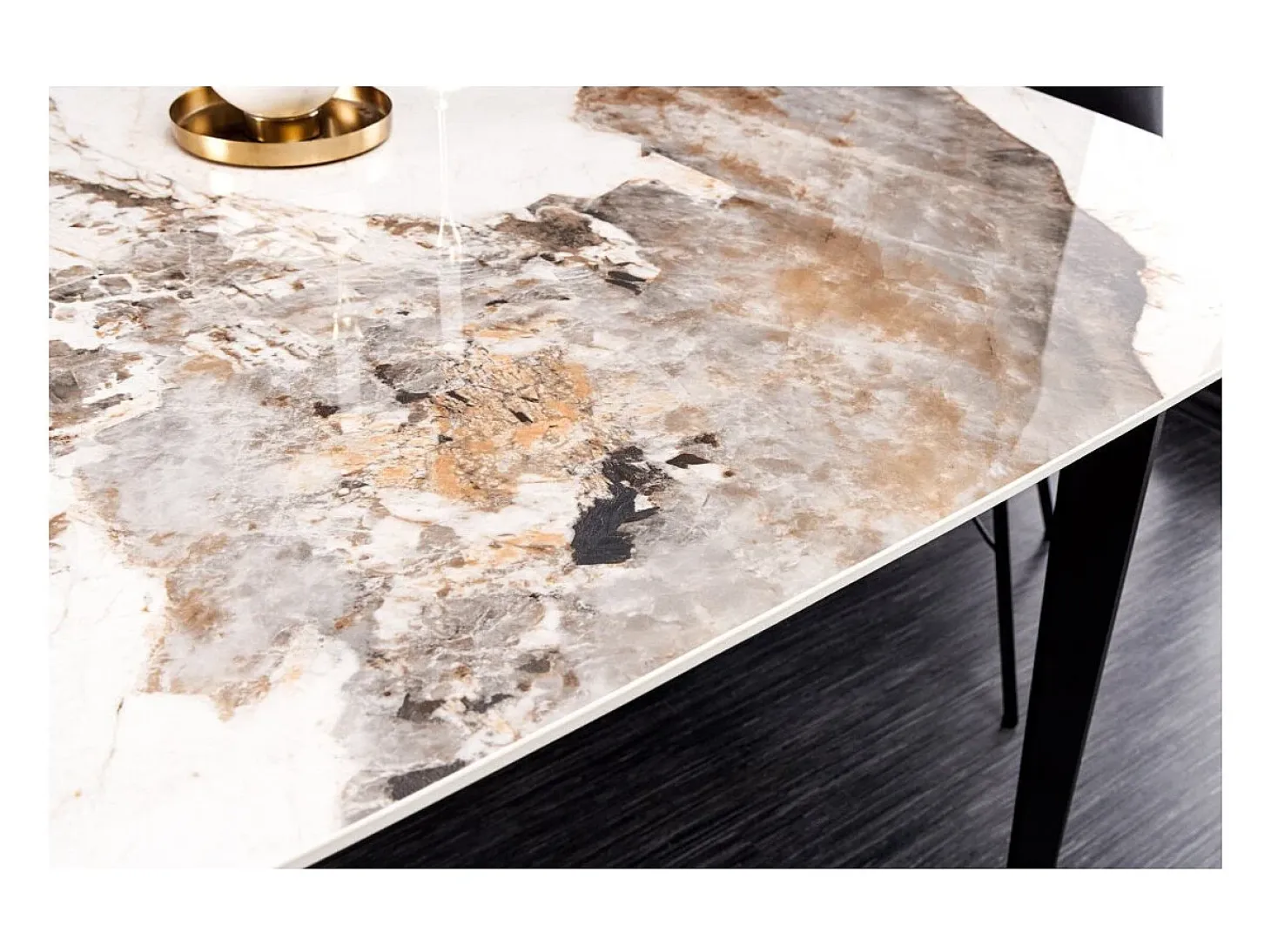 Mesa de comedor HEXA – Cerámica efecto piedra y metal negro – 180 cm – Estilo contemporáneo