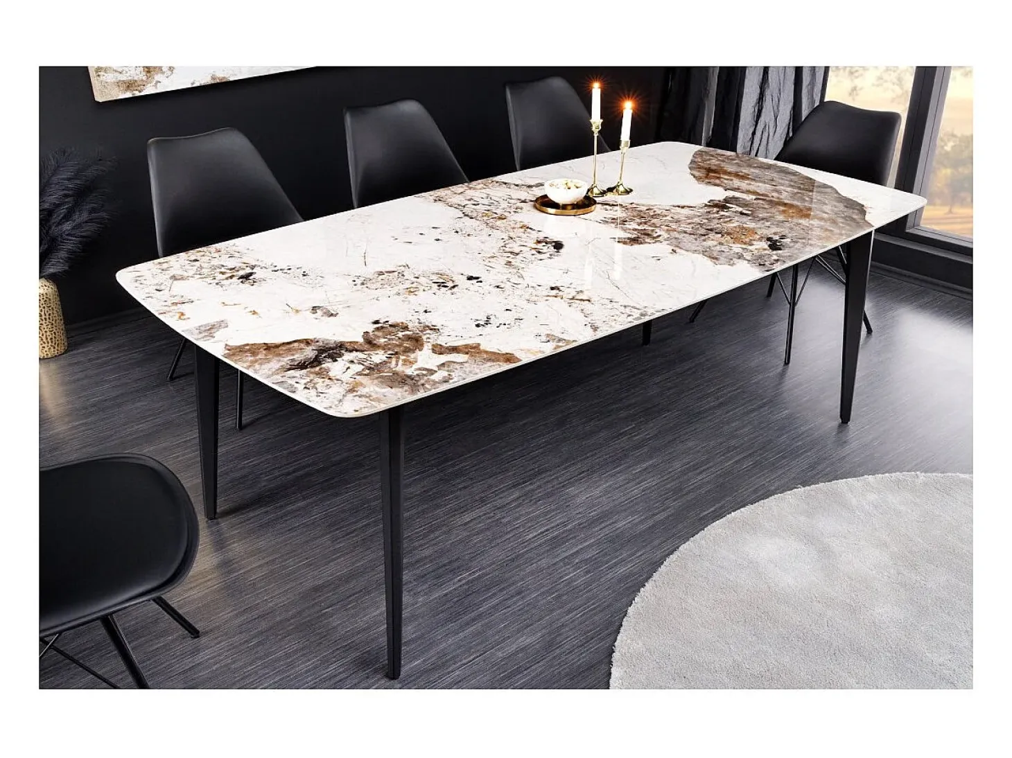 Mesa de comedor HEXA – Cerámica efecto piedra y metal negro – 180 cm – Estilo contemporáneo