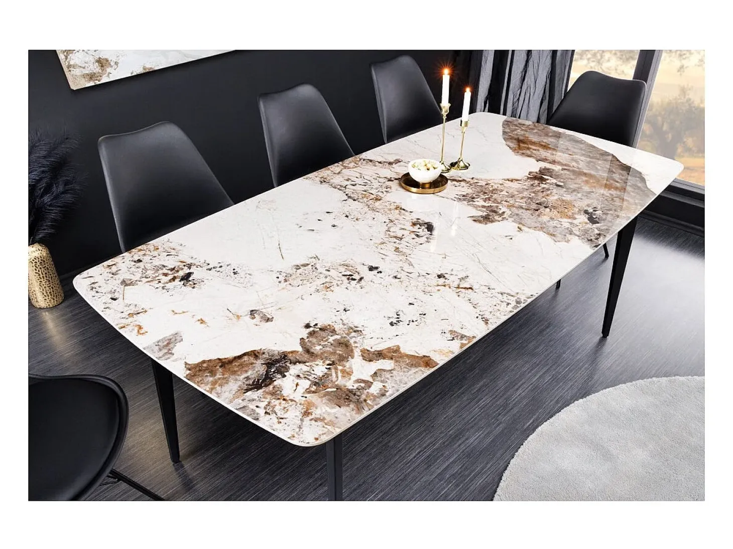 Mesa de comedor HEXA – Cerámica efecto piedra y metal negro – 180 cm – Estilo contemporáneo