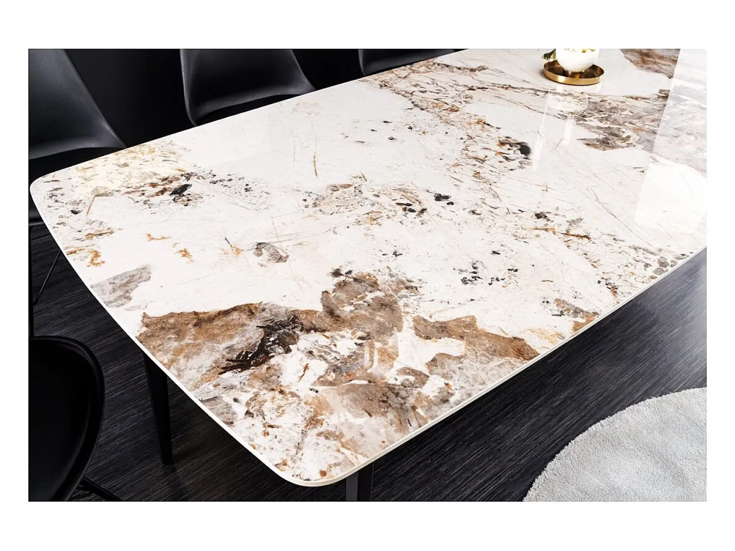 Mesa de comedor HEXA – Cerámica efecto piedra y metal negro – 180 cm – Estilo contemporáneo