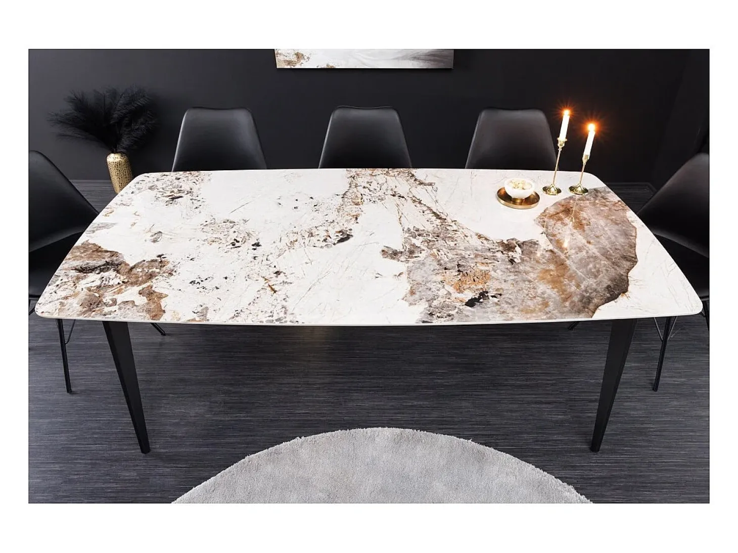 Mesa de comedor HEXA – Cerámica efecto piedra y metal negro – 180 cm – Estilo contemporáneo